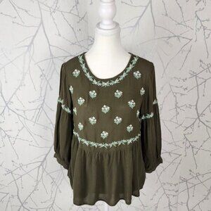 Max Olive Green Crinkle Floral Embroidered Peasant Blouse   style tags: feminine